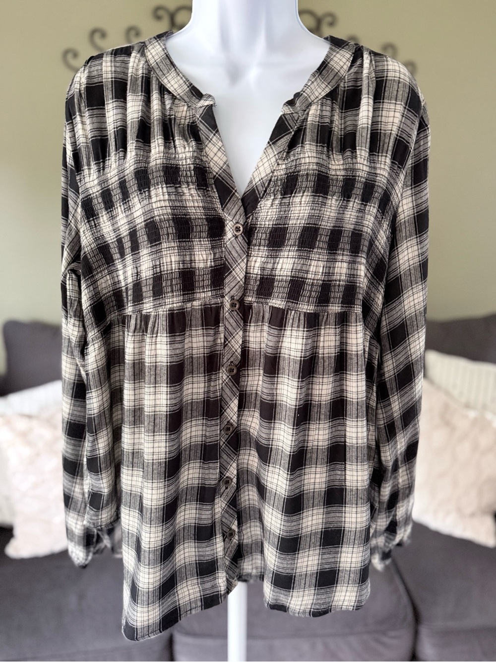 Knox Rose Black & White Plaid Top with Lace Trim
